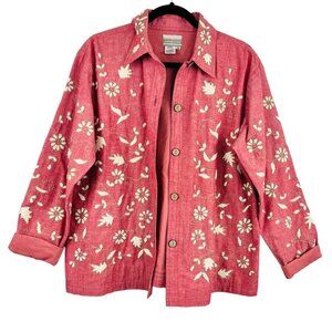 Vintage Cold Water Creek Pink Floral Cotton Button  Front Embroidered Shirt